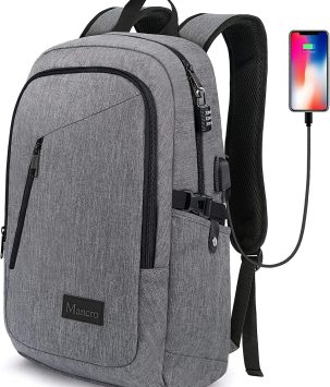 Mancro Laptop Backpack for Travel, Anti-theft Laptop Backpack for Men Business Backpack Work Daypack with USB Charging Port & Lock, Water Resistant Travel Computer Bag Daypack, Grey