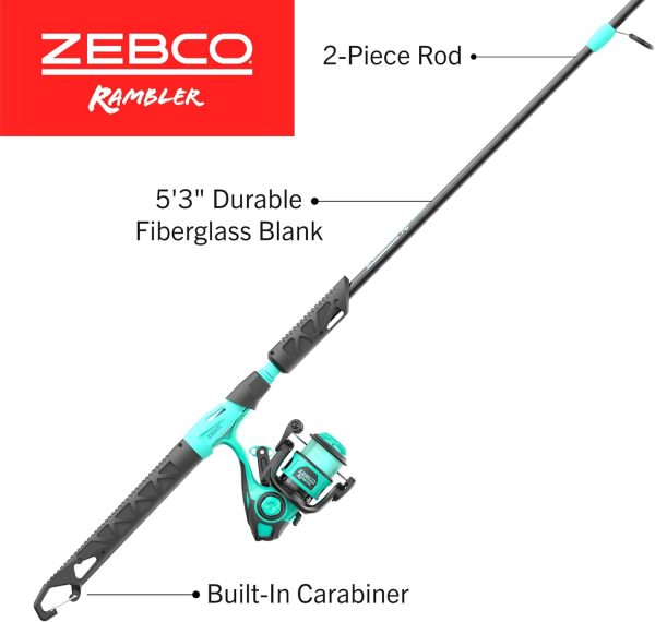 Zebco Rambler Fishing Reel and Rod Combo, Durable Fiberglass Rod with Built-in Carabiner, Patented No-Tangle Reel, Pre-Spooled with 8-Pound Zebco Fishing Line - Image 2